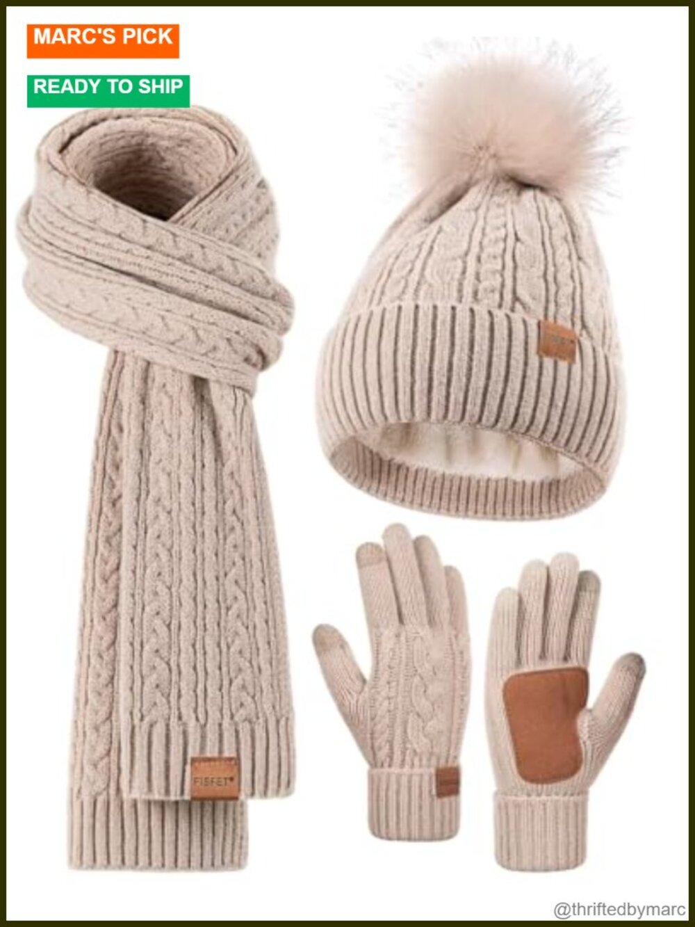 Alpaca Wool Winter Beanie Scarf Gloves Set Pom Pom Fleece Lined Touchscreen